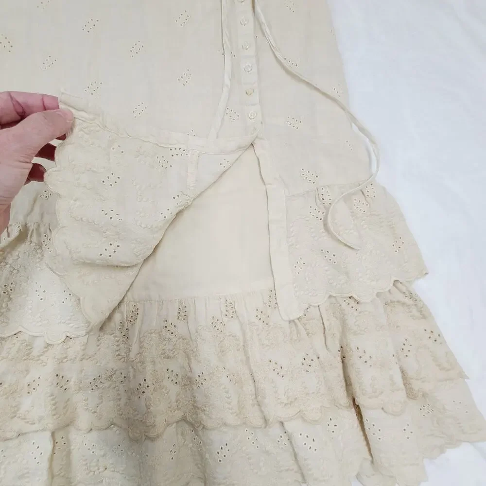 Vintage Eyelet Cotton Skirt Italy 42 Cream Lace Cottagecore Romantic Boho - Picture 10 of 16